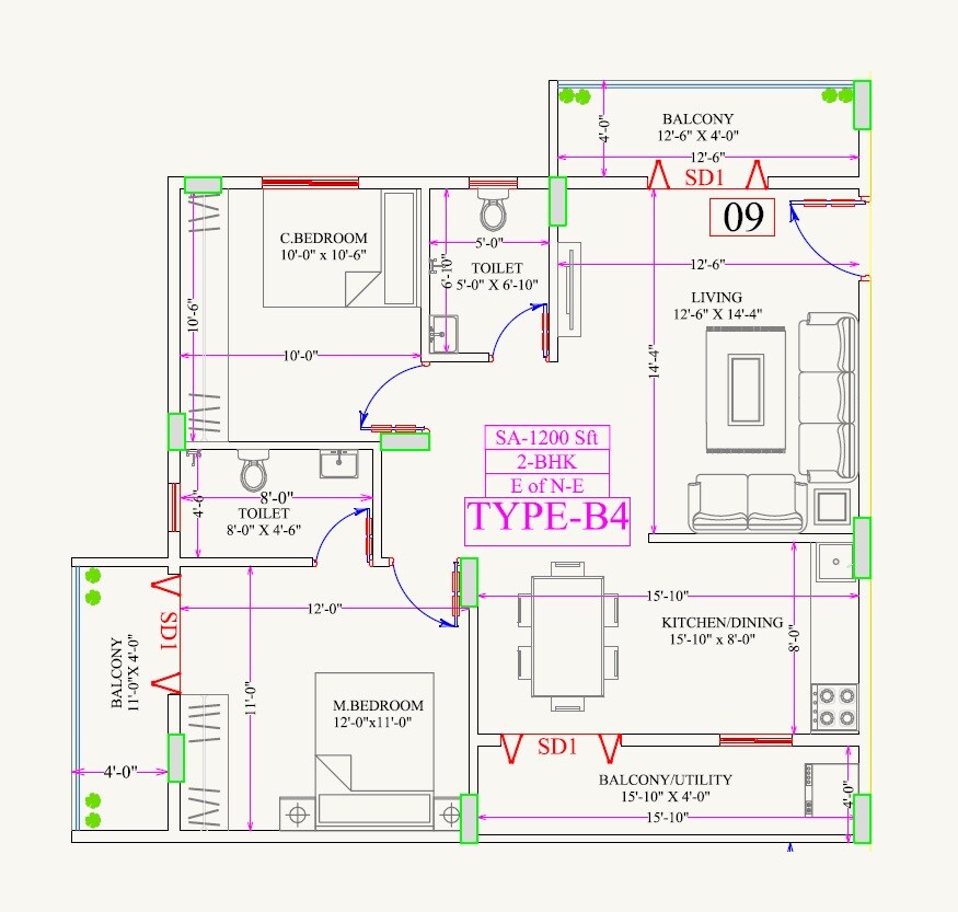Floor plan of 2 BHK 1200 Sq. Ft. Apartment in Rishideep Sentosa, Bangalore