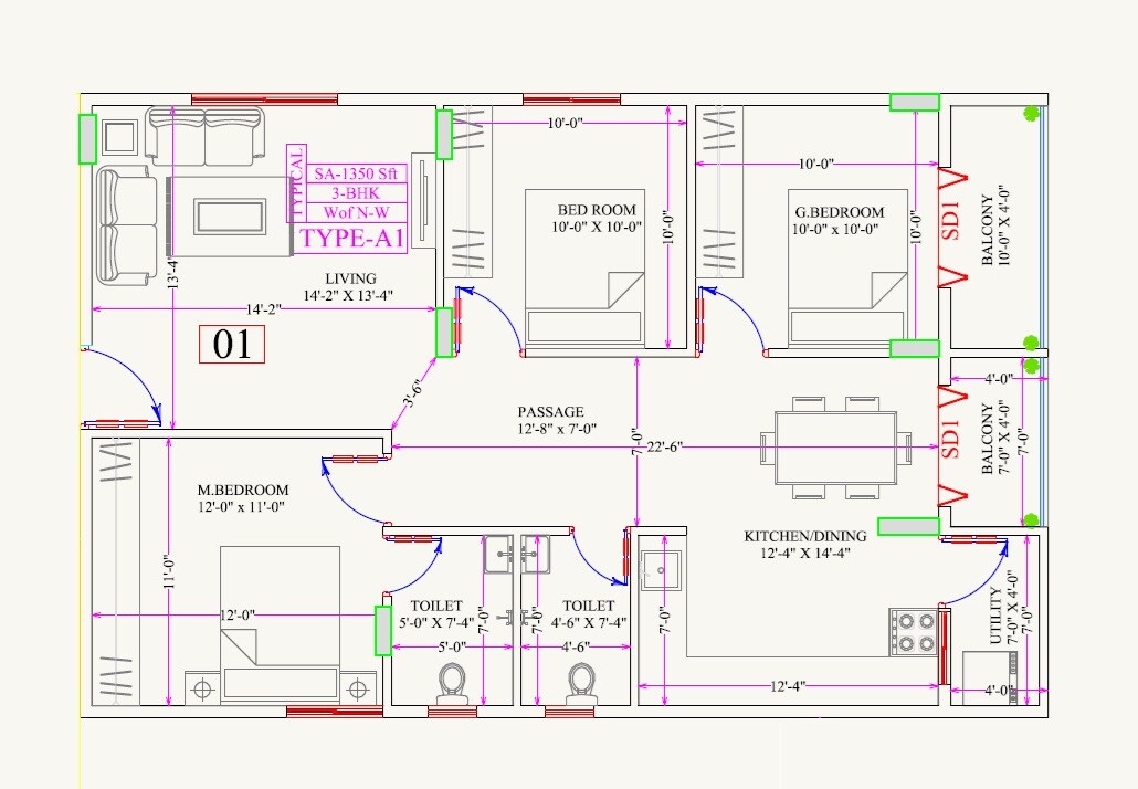 Floor plan of 3 BHK 1350 Sq. Ft. Apartment in Rishideep Sentosa, Bangalore