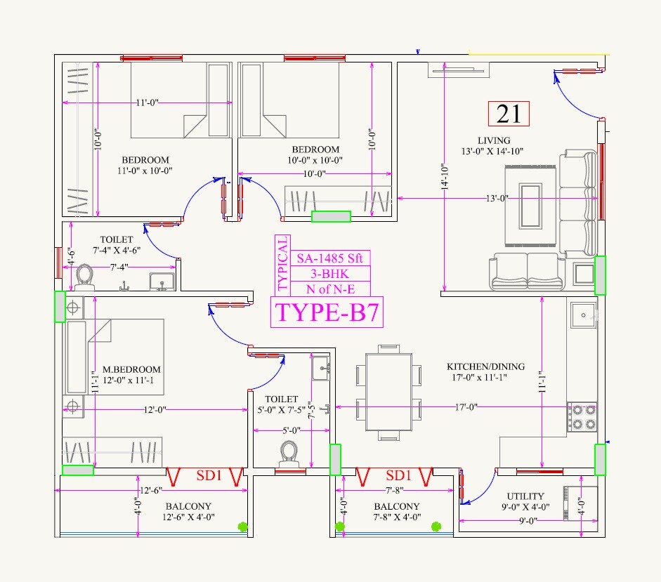 Floor plan of 3 BHK 1485 Sq. Ft. Apartment in Rishideep Sentosa, Bangalore