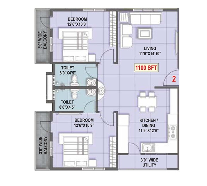 Floor plan of 2 BHK 1100 Sq. Ft. Apartment in Riverstone Advantage, Bangalore