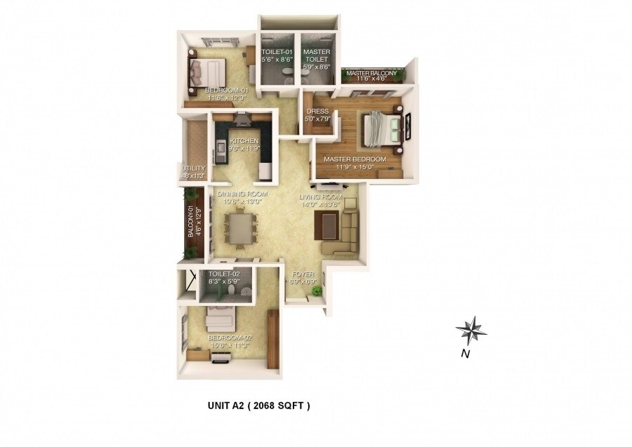 Floor plan of 3 BHK 2068 Sq. Ft. Apartment in RJ Lake Gardenia, Bangalore
