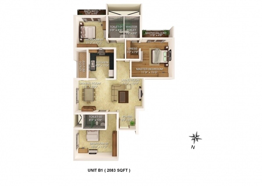 Floor plan of 3 BHK 2083 Sq. Ft. Apartment in RJ Lake Gardenia, Bangalore