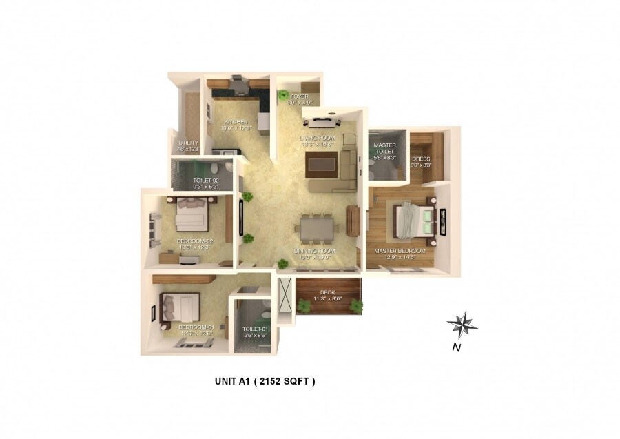 Floor plan of 3 BHK 2152 Sq. Ft. Apartment in RJ Lake Gardenia, Bangalore