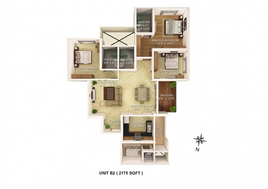 Floor plan of 3 BHK 2175 Sq. Ft. Apartment in RJ Lake Gardenia, Bangalore