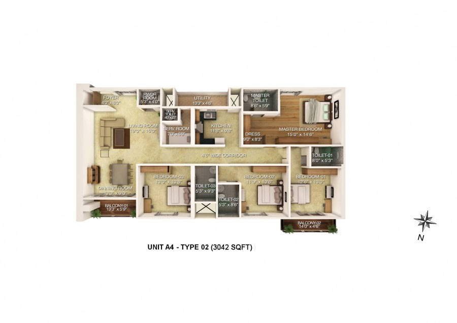 Floor plan of 4 BHK 3042 Sq. Ft. Apartment in RJ Lake Gardenia, Bangalore