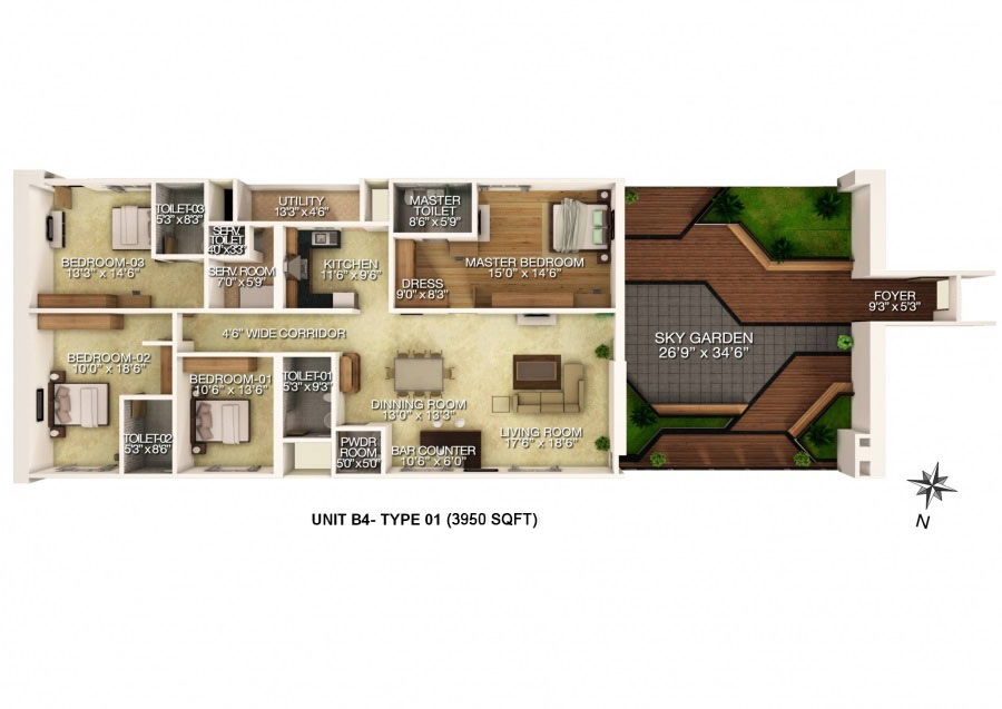 Floor plan of 4 BHK 3950 Sq. Ft. Apartment in RJ Lake Gardenia, Bangalore