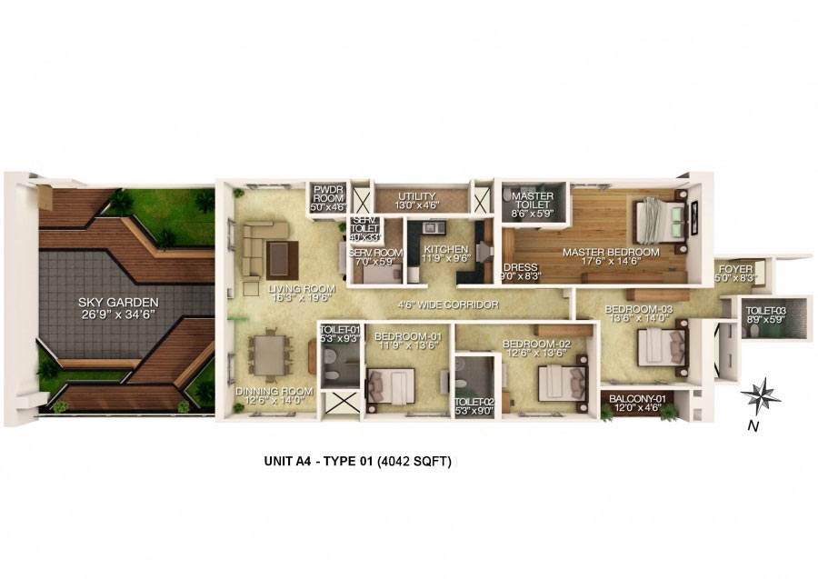 Floor plan of 4 BHK 4042 Sq. Ft. Apartment in RJ Lake Gardenia, Bangalore