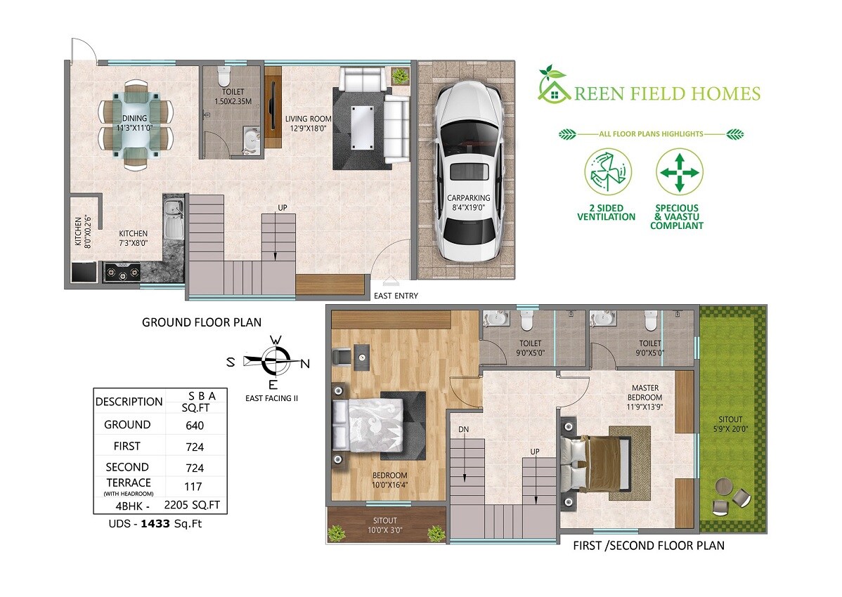 Floor plan of 4 BHK 2205 Sq. Ft. Row House in RK Green Field Homes, Bangalore