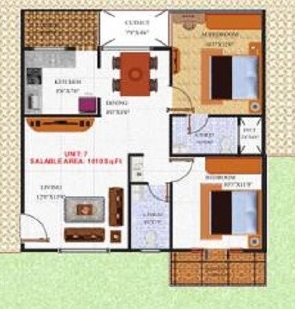 Floor plan of 2 BHK 1010 Sq. Ft. Apartment in RK Green Heights, Bangalore