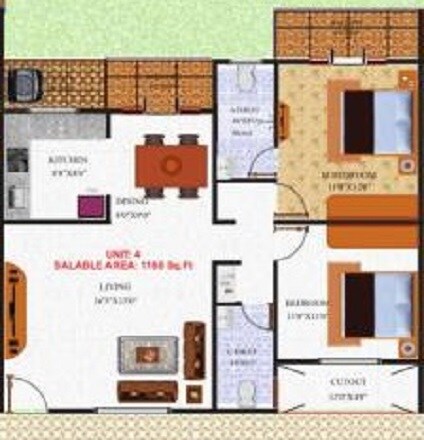 Floor plan of 2 BHK 1160 Sq. Ft. Apartment in RK Green Heights, Bangalore