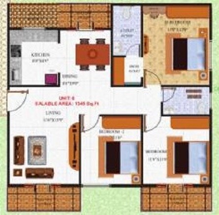 Floor plan of 3 BHK 1345 Sq. Ft. Apartment in RK Green Heights, Bangalore