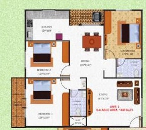 Floor plan of 3 BHK 1460 Sq. Ft. Apartment in RK Green Heights, Bangalore