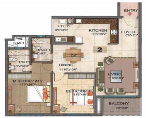 Floor plan of 2 BHK 1602 Sq. Ft. Apartment in RMZ Azure, Bangalore