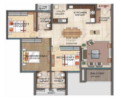 Floor plan of 3 BHK 1899 Sq. Ft. Apartment in RMZ Azure, Bangalore