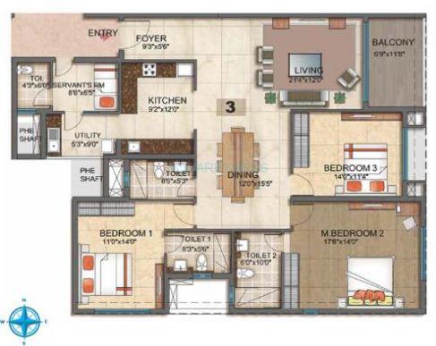 Floor plan of 3 BHK 2300 Sq. Ft. Apartment in RMZ Azure, Bangalore