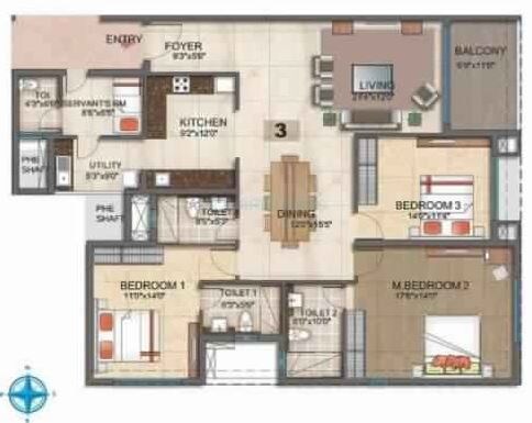 Floor plan of 3 BHK 2370 Sq. Ft. Apartment in RMZ Azure, Bangalore