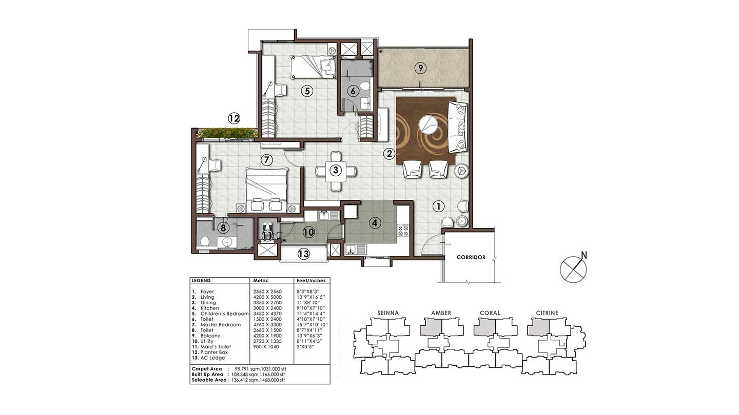 Floor plan of 2 BHK 1166 Sq. Ft. Apartment in RMZ Galleria, Bangalore