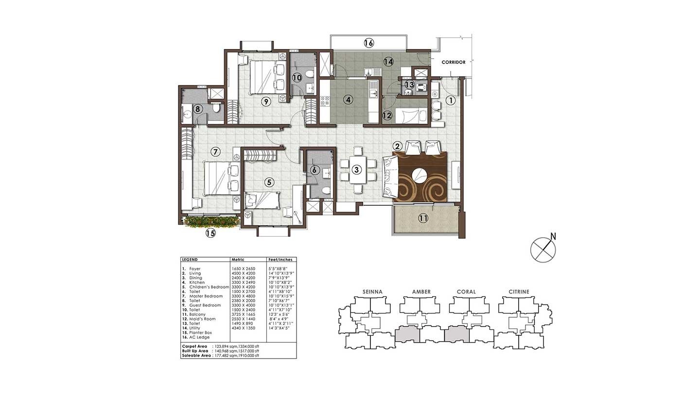 Floor plan of 3 BHK 1517 Sq. Ft. Apartment in RMZ Galleria, Bangalore