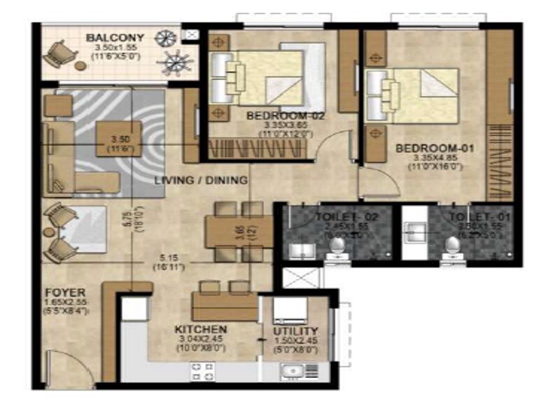 Floor plan of 2 BHK 1300 Sq. Ft. Apartment in RMZ Marq, Bangalore