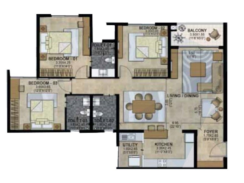 Floor plan of 3 BHK 1693 Sq. Ft. Apartment in RMZ Marq, Bangalore