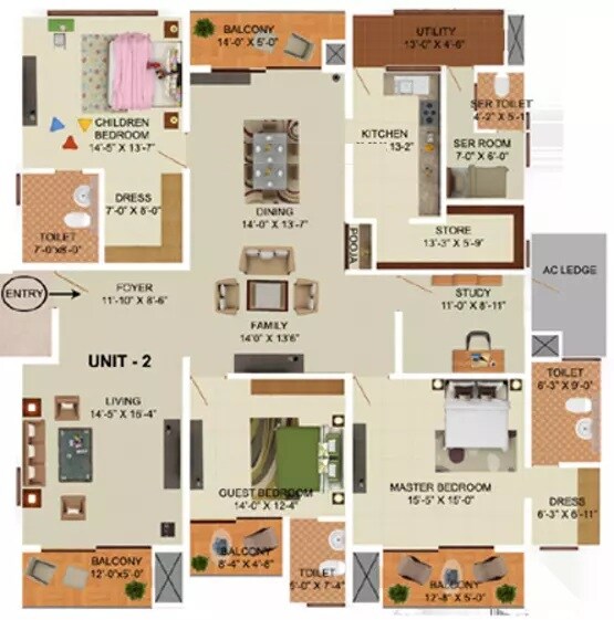 Floor plan of 3 BHK 3300 Sq. Ft. Apartment in RNS Shrinikethan, Bangalore
