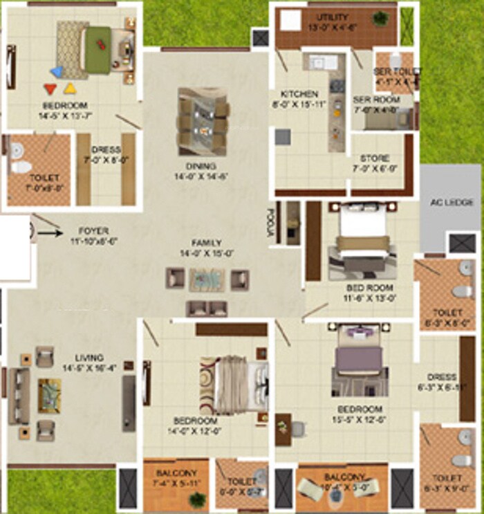 Floor plan of 4 BHK 3600 Sq. Ft. Apartment in RNS Shrinikethan, Bangalore
