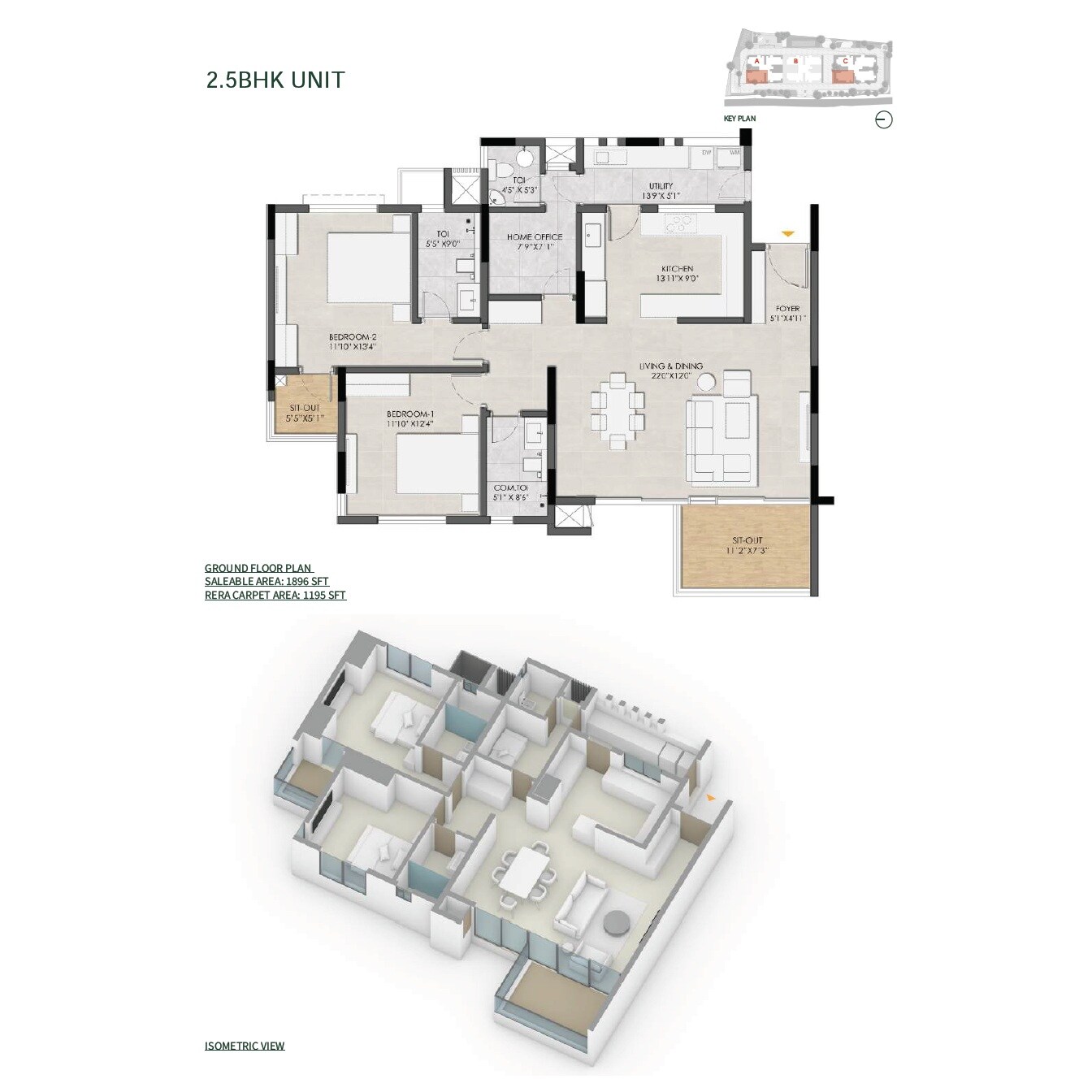 Floor plan of 2 BHK 1896 Sq. Ft. Apartment in Roach Cicada, Bangalore