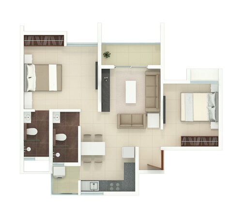 Floor plan of 2 BHK 1313 Sq. Ft. Apartment in Rohan Akriti, Bangalore