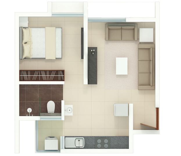 Floor plan of 1 BHK 589 Sq. Ft. Apartment in Rohan Akriti Phase 2, Bangalore
