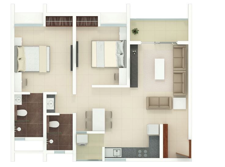 Floor plan of 2 BHK 960 Sq. Ft. Apartment in Rohan Akriti Phase 2, Bangalore