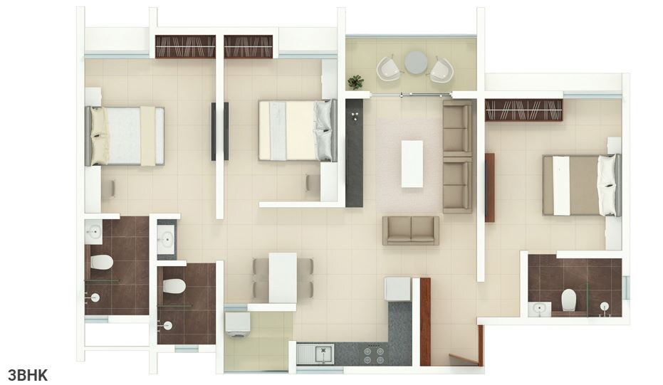 Floor plan of 3 BHK 1724 Sq. Ft. Apartment in Rohan Akriti Phase 2, Bangalore