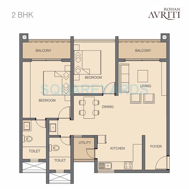 Floor plan of 2 BHK Apartment - 1212 sq. ft. in Rohan Avriti, Bangalore