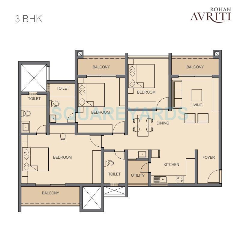 Floor plan of 3 BHK Apartment - 1513 sq. ft. in Rohan Avriti, Bangalore