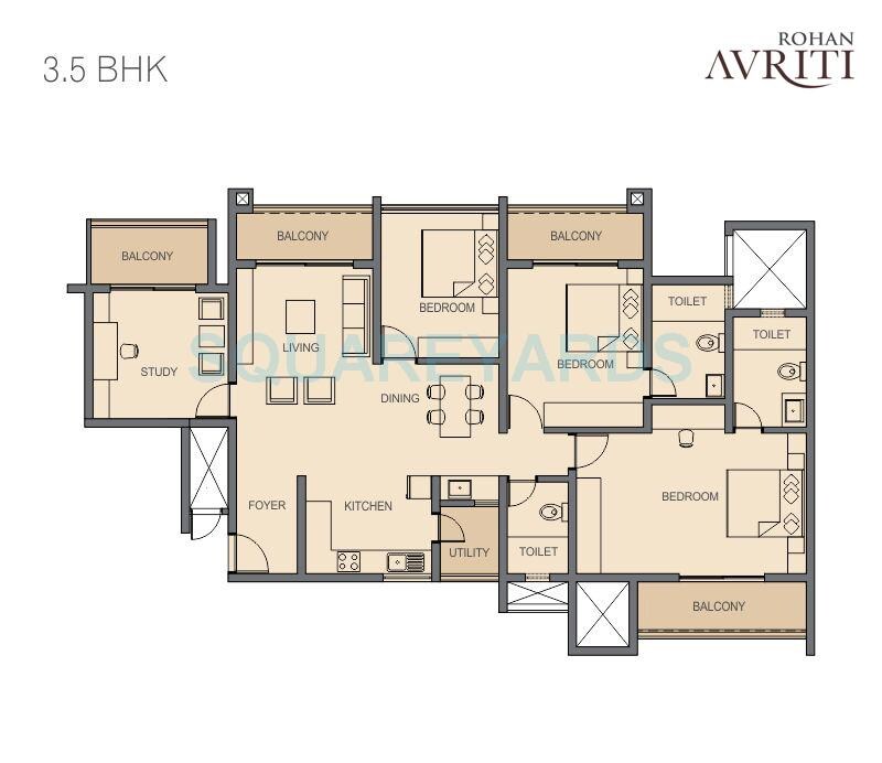 Floor plan of 3 BHK Apartment - 2048 sq. ft. in Rohan Avriti, Bangalore