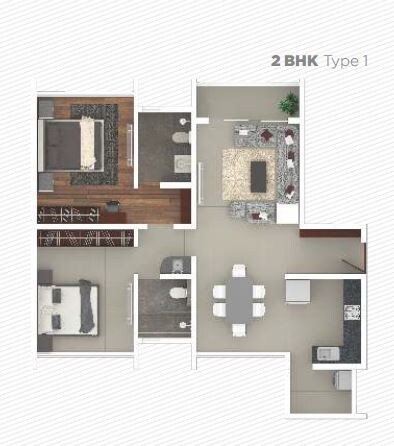 Floor plan of 2 BHK 1158 Sq. Ft. Apartment in Rohan Iksha, Bangalore