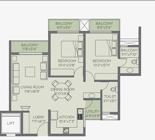 Floor plan of 2 BHK 1369 Sq. Ft. Apartment in Rohan Jharoka, Bangalore