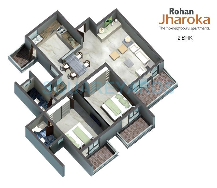 Floor plan of 2 BHK 1235 Sq. Ft. Apartment in Rohan Jharoka, Bangalore