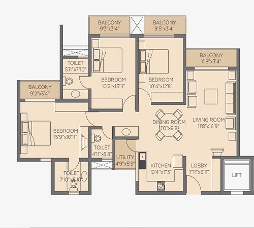 Floor plan of 3 BHK 1567 Sq. Ft. Apartment in Rohan Jharoka, Bangalore