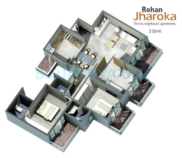 Floor plan of 3 BHK 1640 Sq. Ft. Apartment in Rohan Jharoka, Bangalore