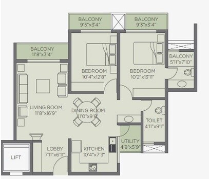 Floor plan of 2 BHK 1210 Sq. Ft. Apartment in Rohan Jharoka Phase 2, Bangalore