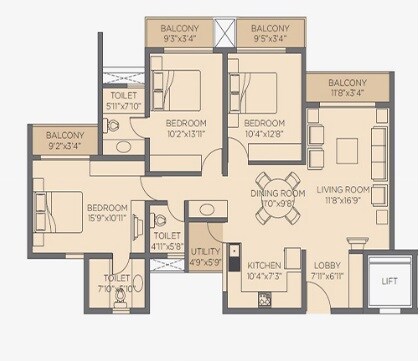 Floor plan of 3 BHK 1631 Sq. Ft. Apartment in Rohan Jharoka Phase 2, Bangalore