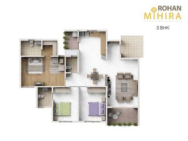 Floor plan of 3 BHK 1658 Sq. Ft. Apartment in Rohan Mihira, Bangalore