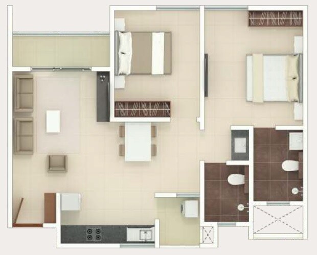 Floor plan of 2 BHK 1250 Sq. Ft. Apartment in Rohan Upavan, Bangalore