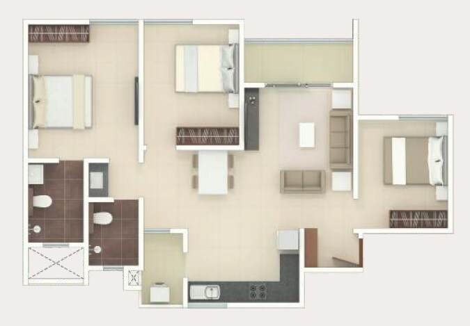 Floor plan of 3 BHK 1697 Sq. Ft. Apartment in Rohan Upavan, Bangalore