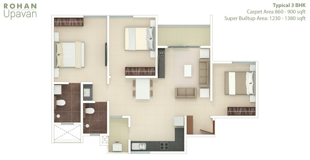 Floor plan of 3 BHK 1380 Sq. Ft. Apartment in Rohan Upavan, Bangalore