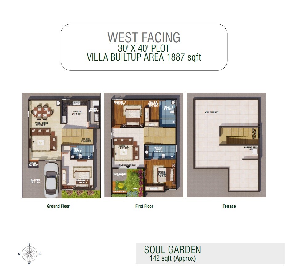 Floor plan of 3 BHK 1887 Sq. Ft. Villa in Roja Soul Garden, Bangalore