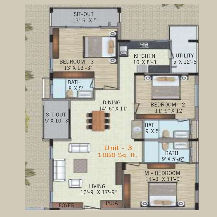 Floor plan of 3 BHK 1888 Sq. Ft. Apartment in Royal Avenue Residency, Bangalore