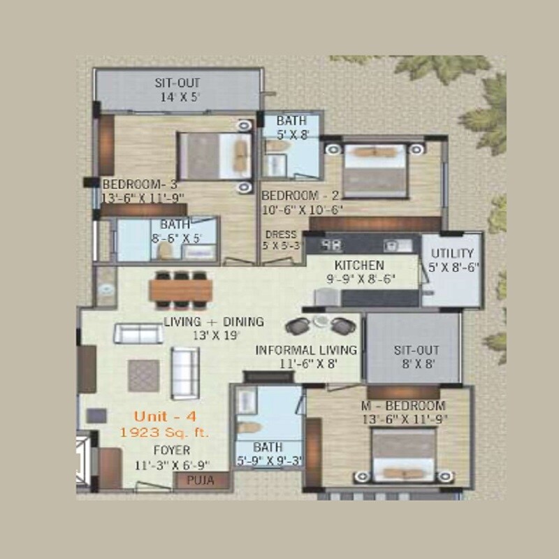 Floor plan of 3 BHK 1923 Sq. Ft. Apartment in Royal Avenue Residency, Bangalore
