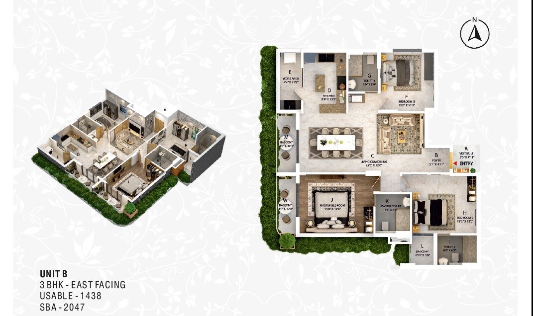 Floor plan of 3 BHK 2047 Sq. Ft. Apartment in Royal Posch, Bangalore