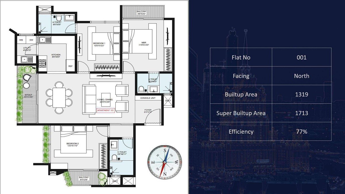 Floor plan of 3 BHK 1713 Sq. Ft. Apartment in Royal Song Of Wind, Bangalore